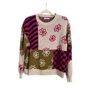 L.A. Hearts Patchwork Knit Sweater XS Multicolor Floral & stripes 100% cotton